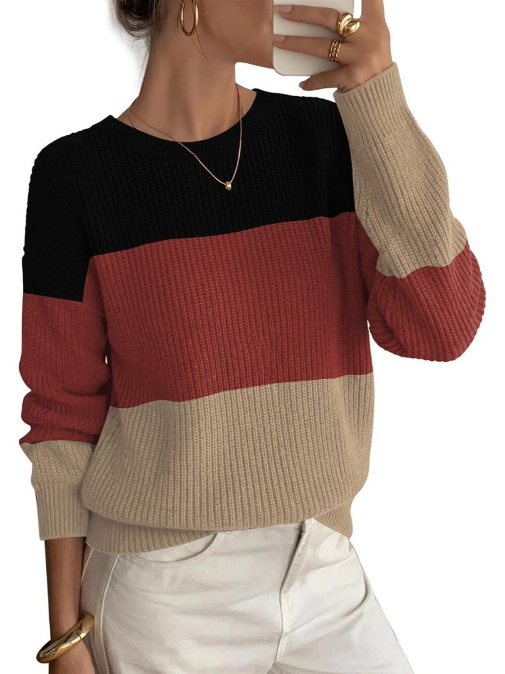 Women's Black-Caramel Crew Neck Long Sleeve Fall Fashion Trendy Crewneck Sweater